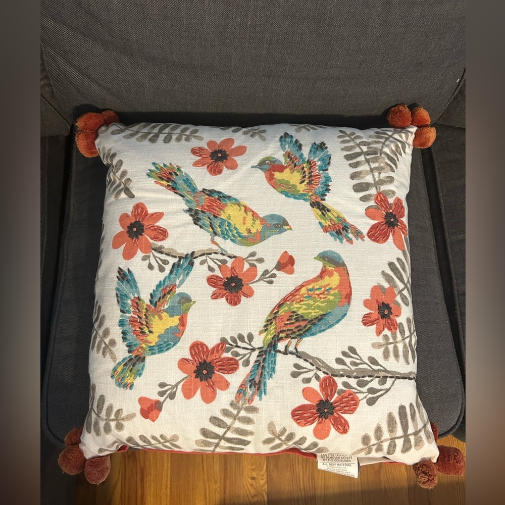 NWT Bird and Floral Embroidered Accent Throw Pillow